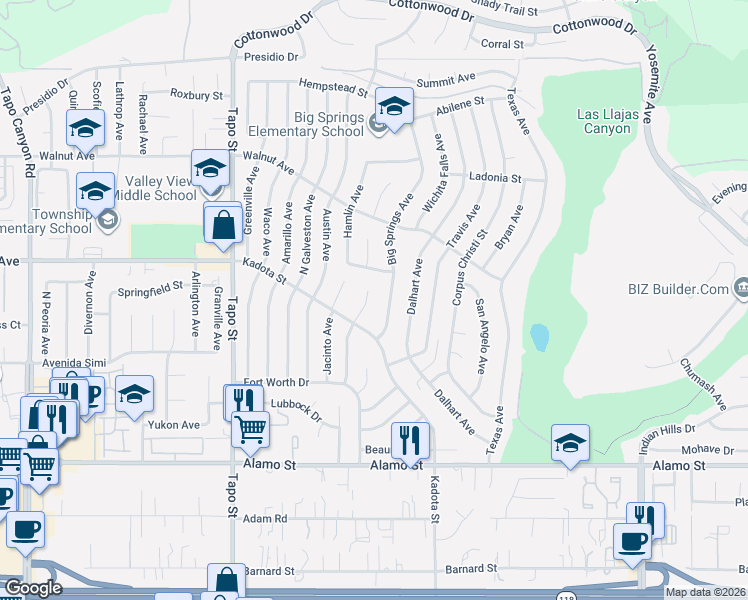 map of restaurants, bars, coffee shops, grocery stores, and more near 3075 Big Springs Avenue in Simi Valley
