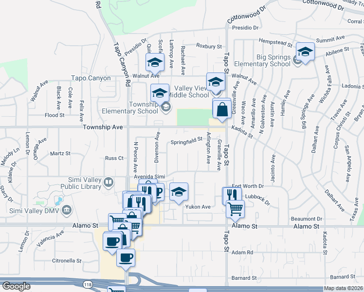 map of restaurants, bars, coffee shops, grocery stores, and more near 3074 Cicero Court in Simi Valley