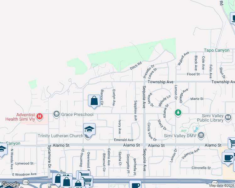 map of restaurants, bars, coffee shops, grocery stores, and more near 3065 Country Lane in Simi Valley