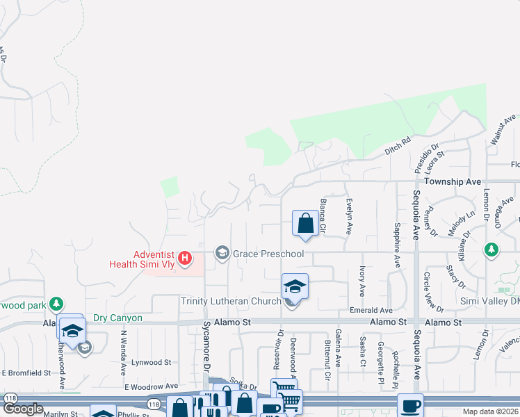 map of restaurants, bars, coffee shops, grocery stores, and more near 2865 Howe Road in Simi Valley