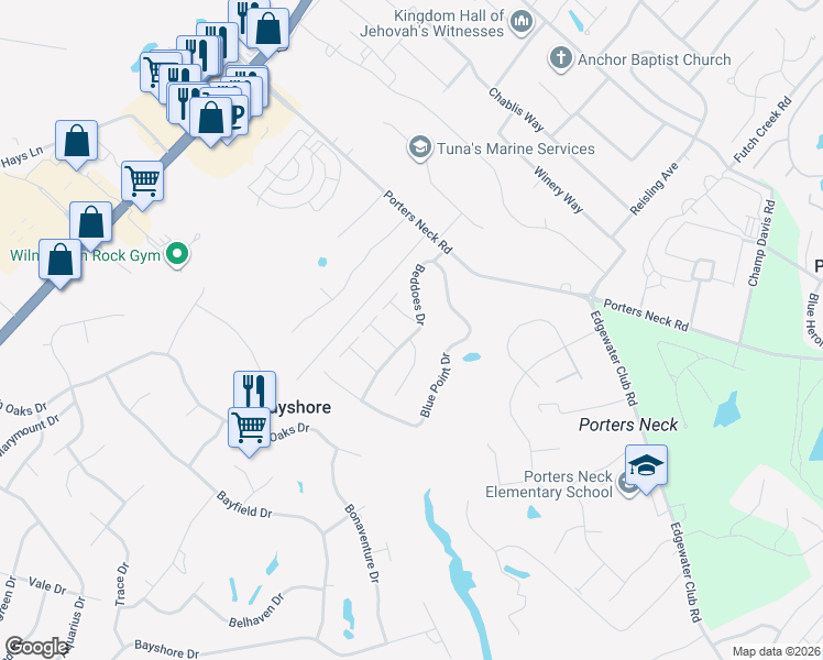 map of restaurants, bars, coffee shops, grocery stores, and more near 705 Zekes Run in Wilmington