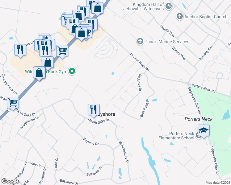 map of restaurants, bars, coffee shops, grocery stores, and more near 604 Kauri Street in Wilmington