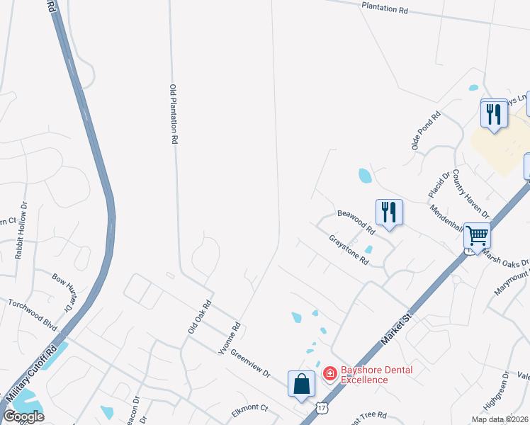 map of restaurants, bars, coffee shops, grocery stores, and more near 7584 Plantation Road in Wilmington