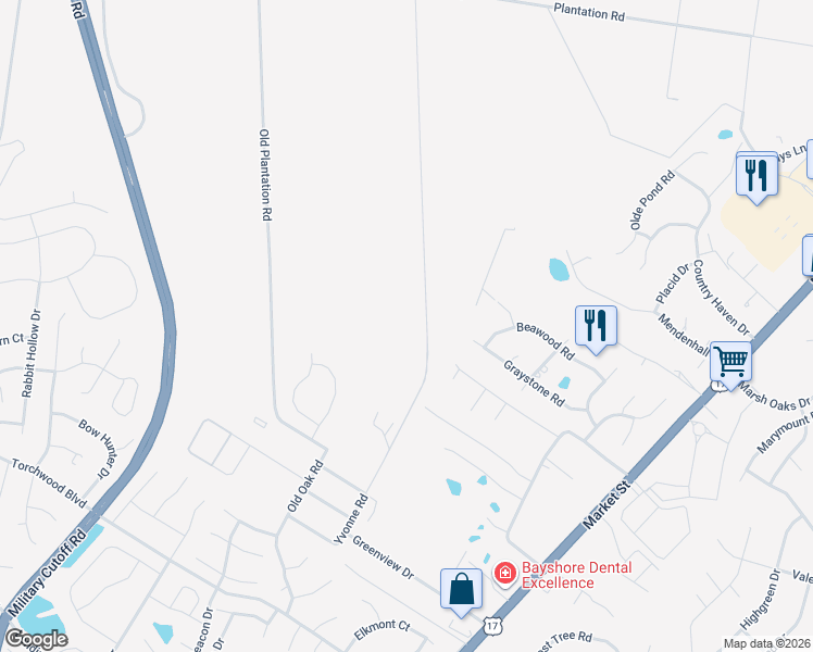 map of restaurants, bars, coffee shops, grocery stores, and more near 7584 Plantation Road in Wilmington