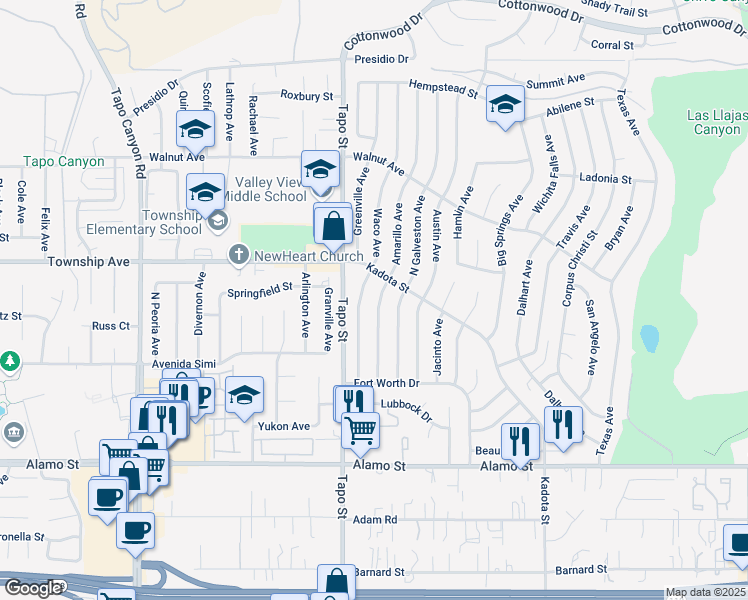 map of restaurants, bars, coffee shops, grocery stores, and more near 3143 Amarillo Avenue in Simi Valley