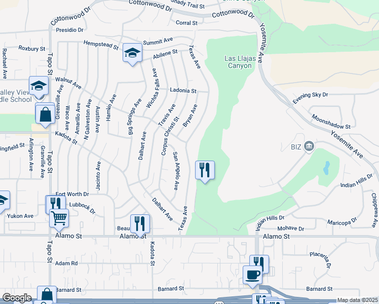 map of restaurants, bars, coffee shops, grocery stores, and more near 3144 Texas Avenue in Simi Valley