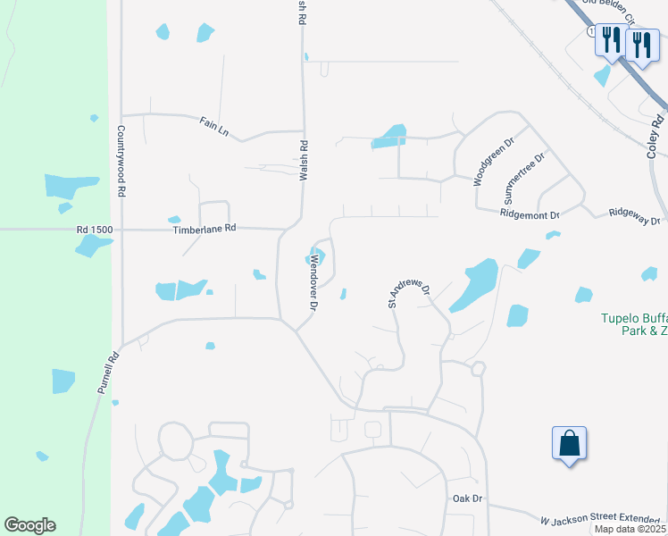 map of restaurants, bars, coffee shops, grocery stores, and more near 2479 East Wendover Drive in Tupelo