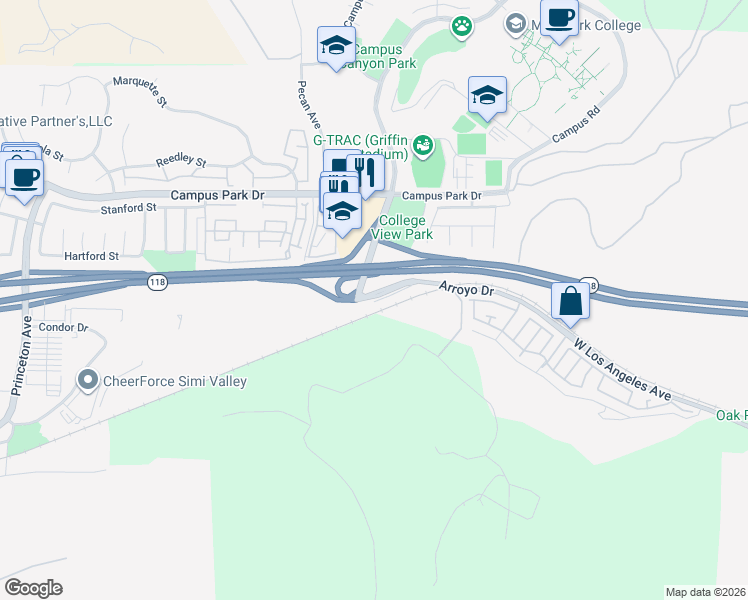 map of restaurants, bars, coffee shops, grocery stores, and more near Arroyo Run in Moorpark