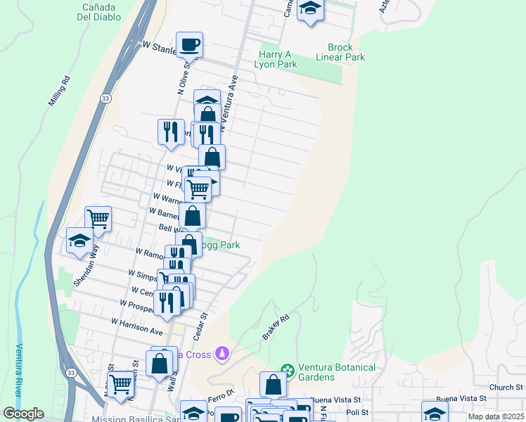 map of restaurants, bars, coffee shops, grocery stores, and more near 247 El Medio Street in Ventura