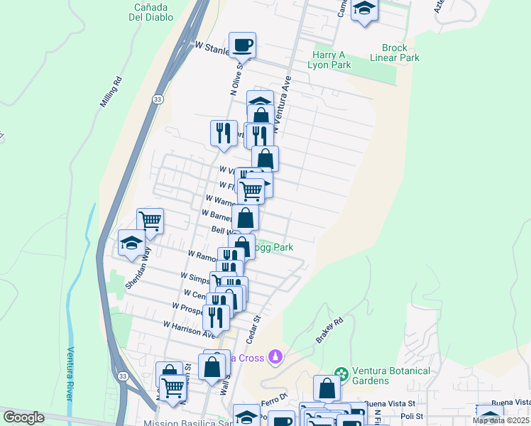 map of restaurants, bars, coffee shops, grocery stores, and more near 42 El Medio Street in Ventura