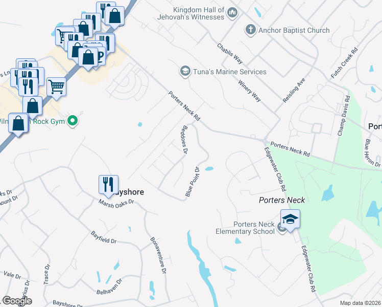 map of restaurants, bars, coffee shops, grocery stores, and more near 8206 Beddoes Drive in Wilmington