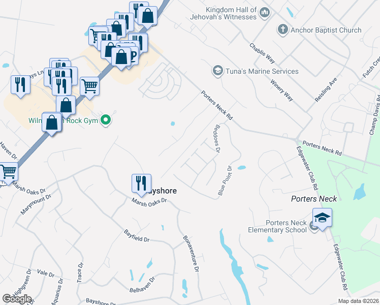 map of restaurants, bars, coffee shops, grocery stores, and more near 8202 Porters Crossing Way in Wilmington