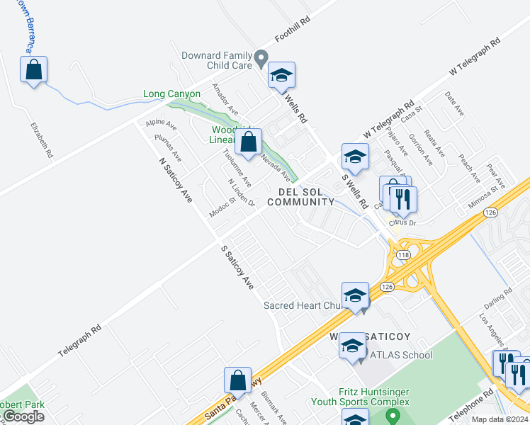 map of restaurants, bars, coffee shops, grocery stores, and more near 20 South Linden Drive in Ventura