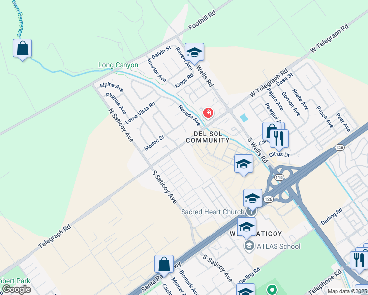 map of restaurants, bars, coffee shops, grocery stores, and more near 20 South Linden Drive in Ventura