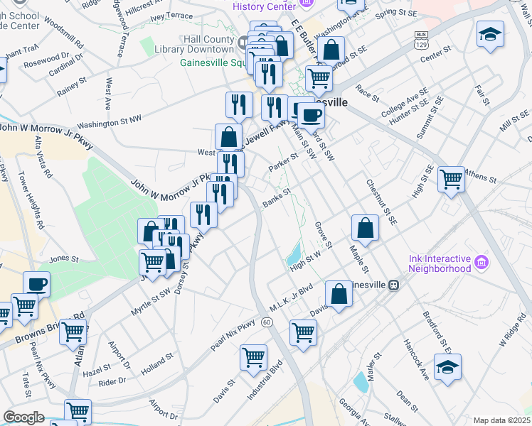 map of restaurants, bars, coffee shops, grocery stores, and more near 701 Queen City Parkway in Gainesville