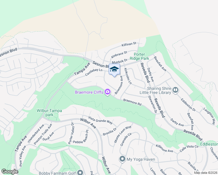 map of restaurants, bars, coffee shops, grocery stores, and more near 19034 Killoch Way in Los Angeles