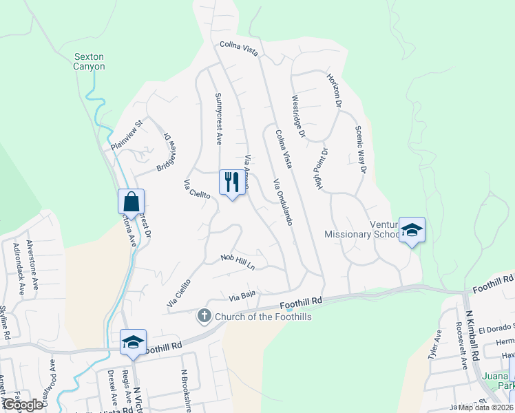 map of restaurants, bars, coffee shops, grocery stores, and more near 872 Via Arroyo in Ventura