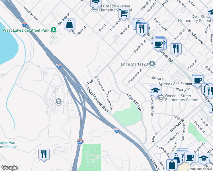 map of restaurants, bars, coffee shops, grocery stores, and more near 15238 Hillsdale Court in Los Angeles