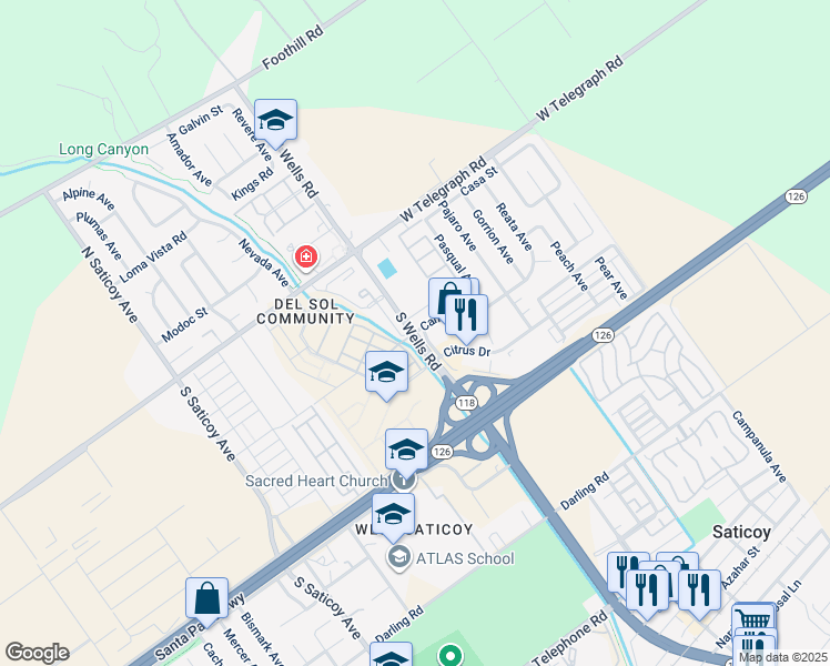 map of restaurants, bars, coffee shops, grocery stores, and more near 10895 Carlos Street in Ventura