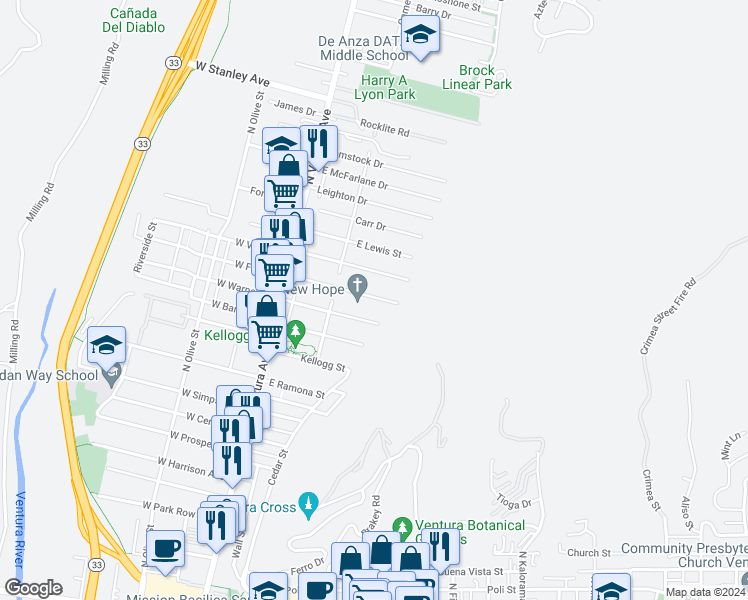 map of restaurants, bars, coffee shops, grocery stores, and more near 247 El Medio Street in Ventura