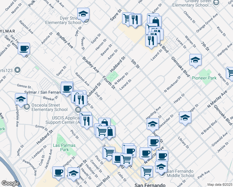 map of restaurants, bars, coffee shops, grocery stores, and more near 1928 Fourth Street in San Fernando