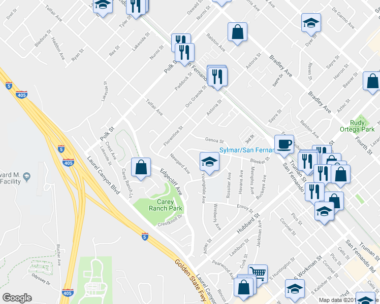 map of restaurants, bars, coffee shops, grocery stores, and more near 12222 Youngdale Avenue in Los Angeles