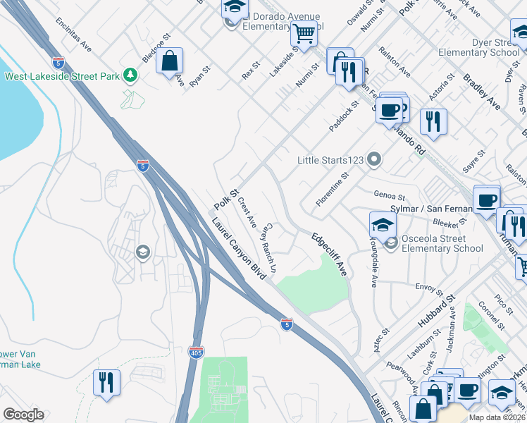 map of restaurants, bars, coffee shops, grocery stores, and more near 15238 Hillsdale Court in Los Angeles