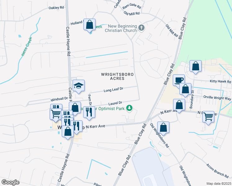 map of restaurants, bars, coffee shops, grocery stores, and more near 130 Long Leaf Drive in Wilmington