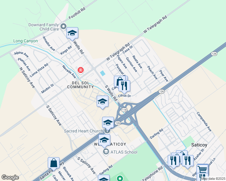 map of restaurants, bars, coffee shops, grocery stores, and more near 92 Stardust Lane in Ventura
