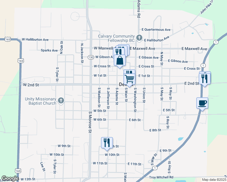 map of restaurants, bars, coffee shops, grocery stores, and more near 215 West 2nd Street in DeWitt