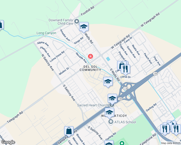 map of restaurants, bars, coffee shops, grocery stores, and more near 106 South Nevada Avenue in Ventura