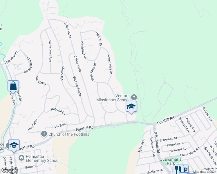 map of restaurants, bars, coffee shops, grocery stores, and more near 831 High Point Drive in Ventura