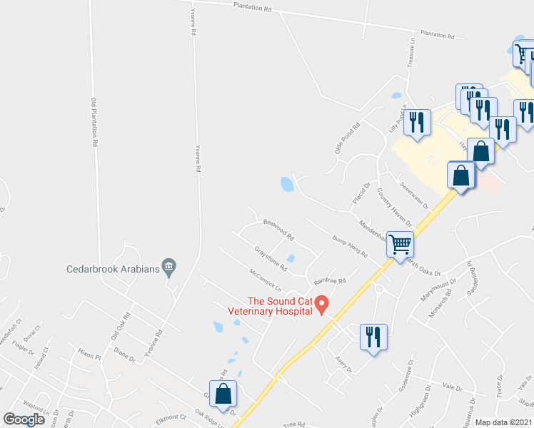 map of restaurants, bars, coffee shops, grocery stores, and more near 176 Beawood Road in Wilmington