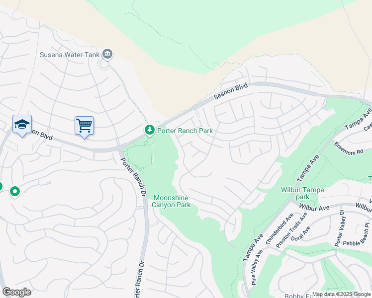 map of restaurants, bars, coffee shops, grocery stores, and more near 19945 Falcon Crest Lane in Los Angeles
