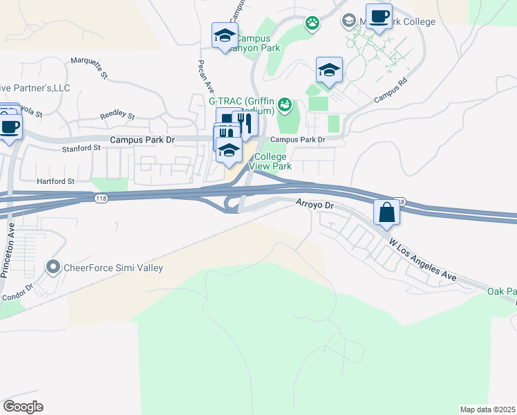 map of restaurants, bars, coffee shops, grocery stores, and more near 146 East Los Angeles Avenue in Moorpark