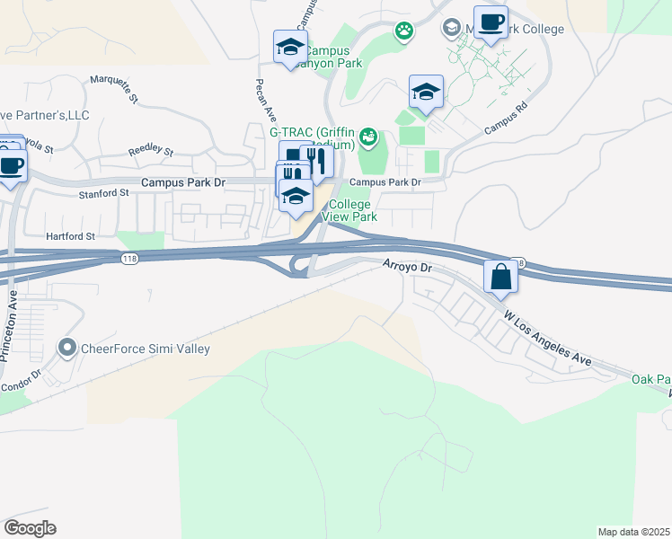 map of restaurants, bars, coffee shops, grocery stores, and more near 146 East Los Angeles Avenue in Moorpark