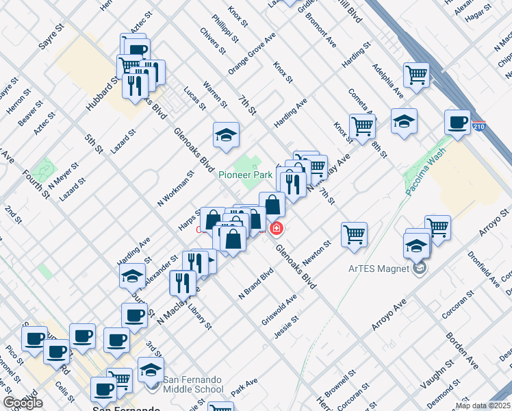 map of restaurants, bars, coffee shops, grocery stores, and more near 815 North Hagar Street in San Fernando