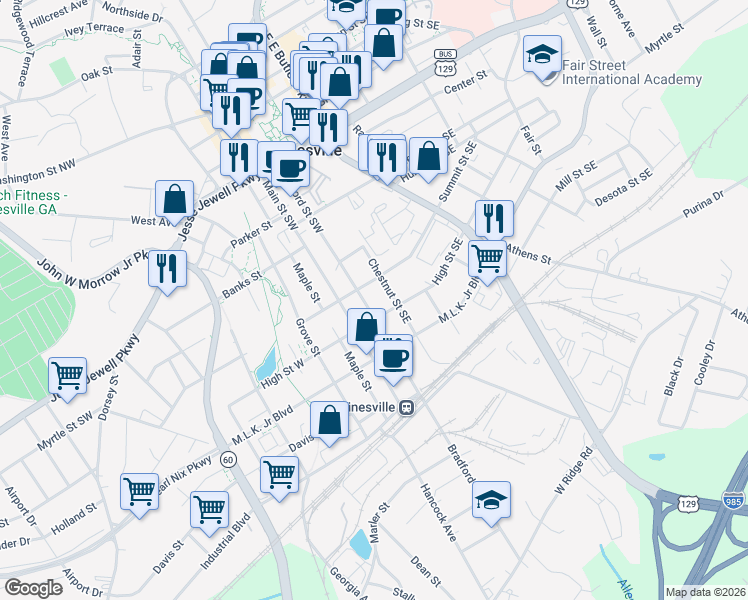 map of restaurants, bars, coffee shops, grocery stores, and more near 755 Bradford Street Southwest in Gainesville