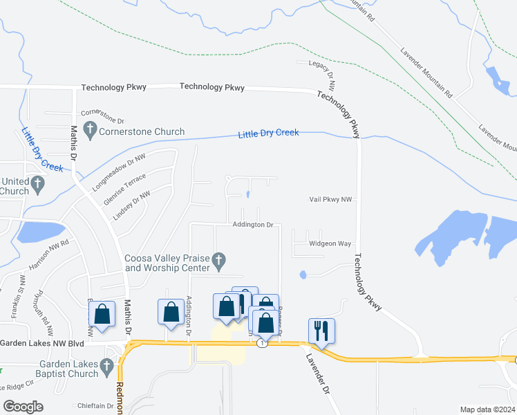 map of restaurants, bars, coffee shops, grocery stores, and more near 44 Phillip Vann Drive in Rome