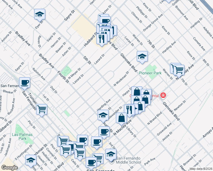 map of restaurants, bars, coffee shops, grocery stores, and more near 550 Fermoore Street in San Fernando