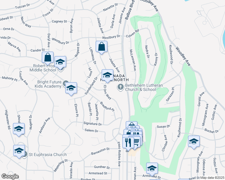 map of restaurants, bars, coffee shops, grocery stores, and more near 12230 El Oro Way in Los Angeles