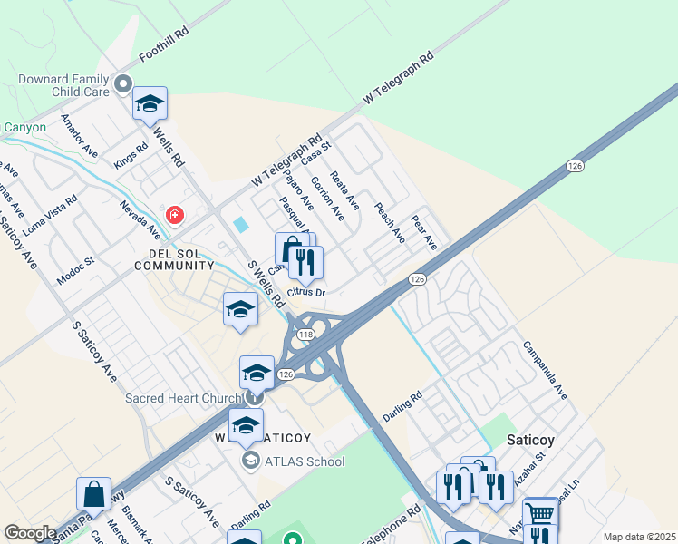 map of restaurants, bars, coffee shops, grocery stores, and more near 45 Pajaro Avenue in Ventura