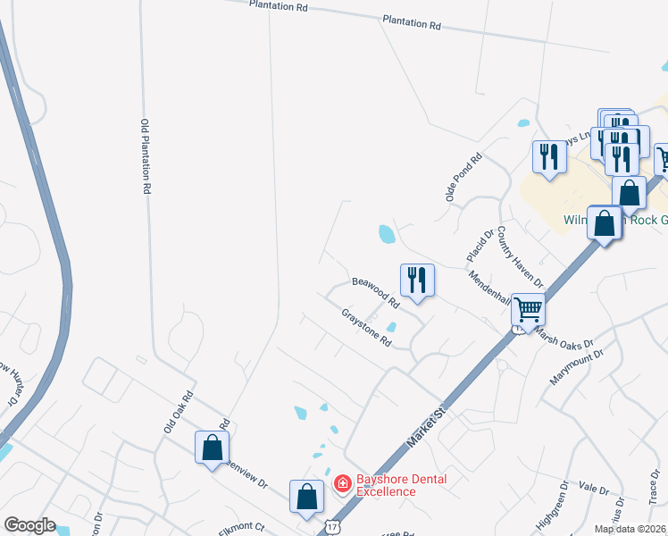 map of restaurants, bars, coffee shops, grocery stores, and more near 299 Elmhurst Road in Wilmington