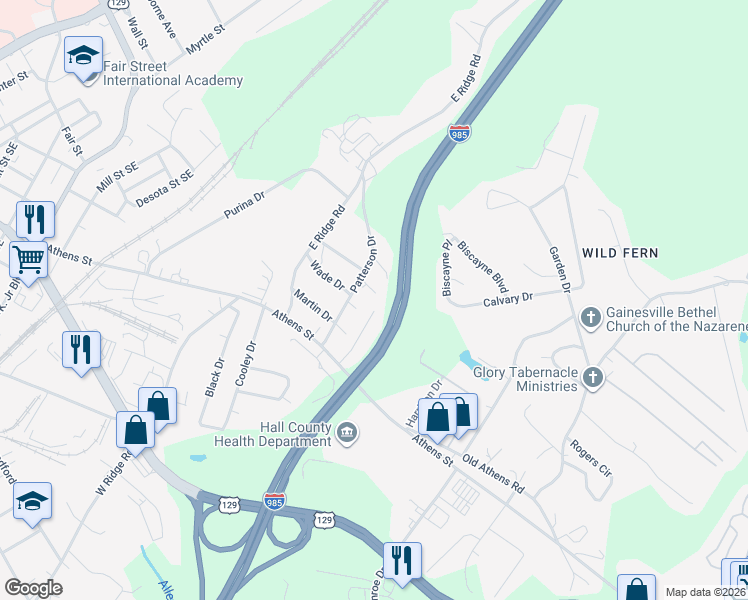 map of restaurants, bars, coffee shops, grocery stores, and more near 1298 Patterson Drive in Gainesville