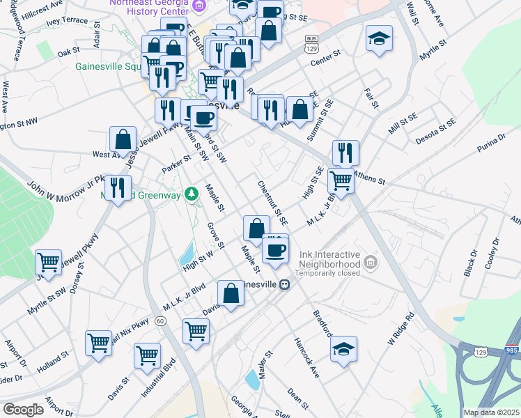 map of restaurants, bars, coffee shops, grocery stores, and more near 775 Bradford Street Northwest in Gainesville