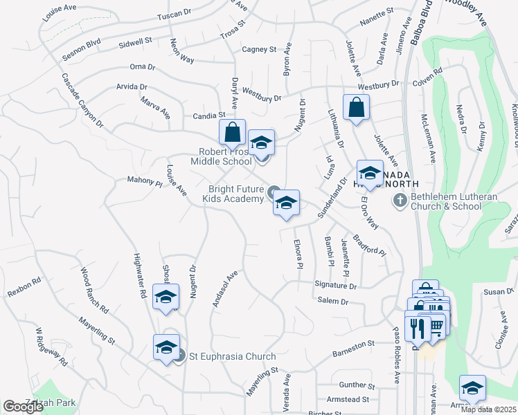 map of restaurants, bars, coffee shops, grocery stores, and more near 17350 Firma Court in Los Angeles