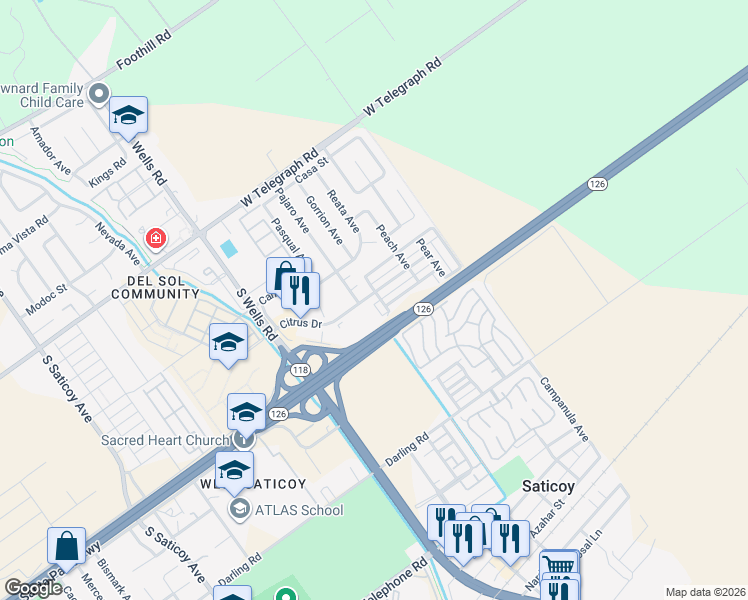 map of restaurants, bars, coffee shops, grocery stores, and more near 11234 Citrus Drive in Ventura
