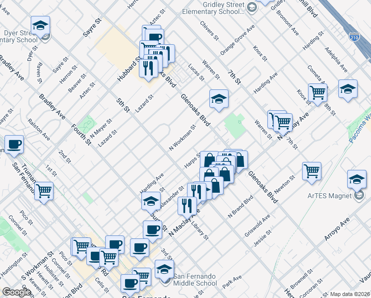 map of restaurants, bars, coffee shops, grocery stores, and more near 643 Harding Avenue in San Fernando
