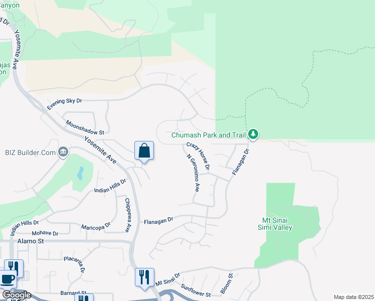 map of restaurants, bars, coffee shops, grocery stores, and more near 3250 North Geronimo Avenue in Simi Valley