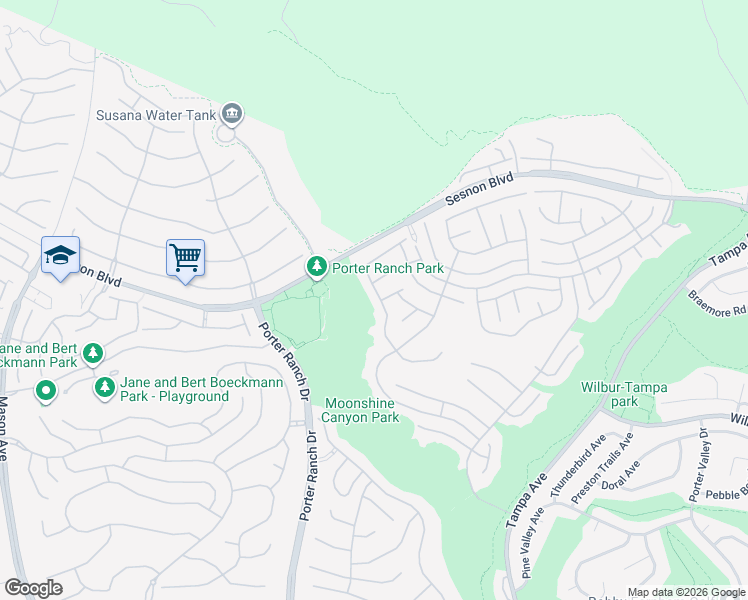 map of restaurants, bars, coffee shops, grocery stores, and more near 19945 Falcon Crest Lane in Los Angeles